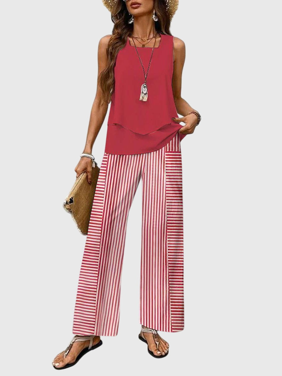 Brenda | Women's Square-Neck Loose-Fit 2-Piece Set with Blue Plant Print
