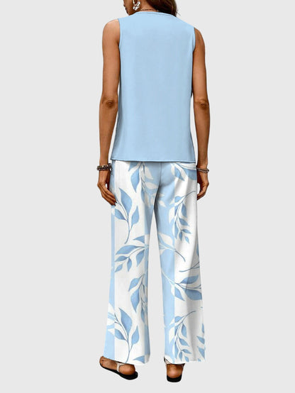 Brenda | Women's Square-Neck Loose-Fit 2-Piece Set with Blue Plant Print
