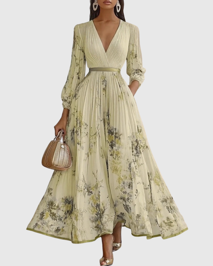 Rowella | Women's V-Neck Long-Sleeve Pleated Floral Maxi Dress with Ribbon Tie Waist