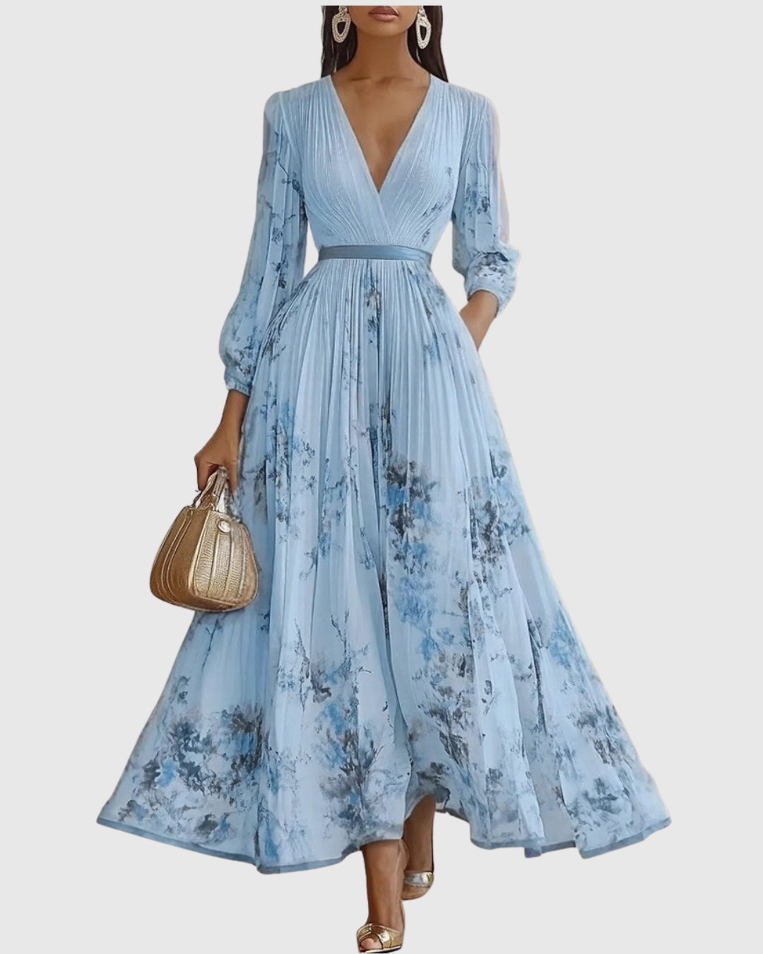 Rowella | Women's V-Neck Long-Sleeve Pleated Floral Maxi Dress with Ribbon Tie Waist