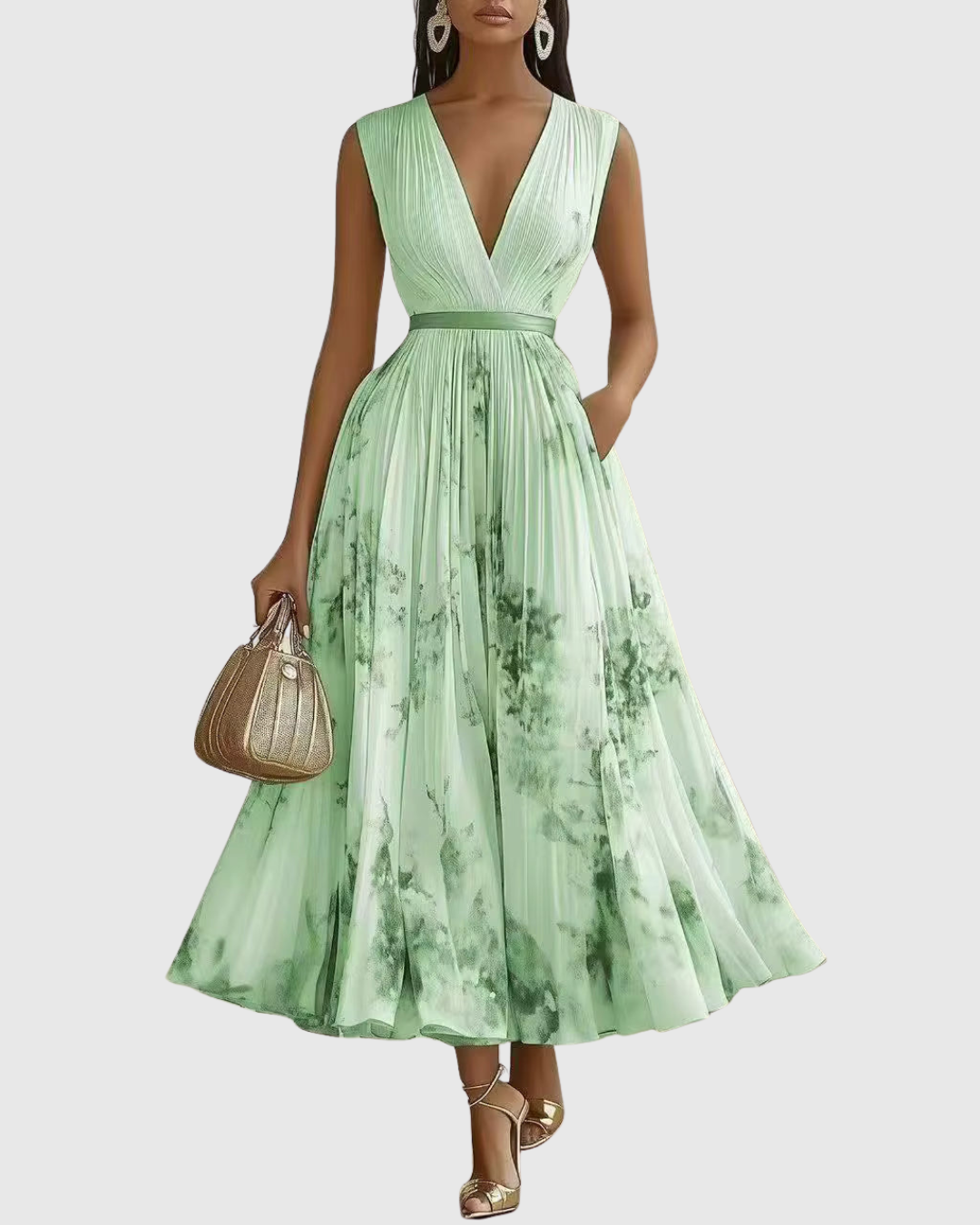 Rowella | Women's V-Neck Long-Sleeve Pleated Floral Maxi Dress with Ribbon Tie Waist