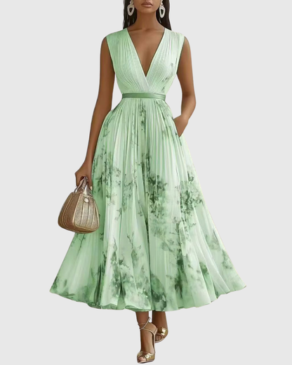 Rowella | Women's V-Neck Long-Sleeve Pleated Floral Maxi Dress with Ribbon Tie Waist