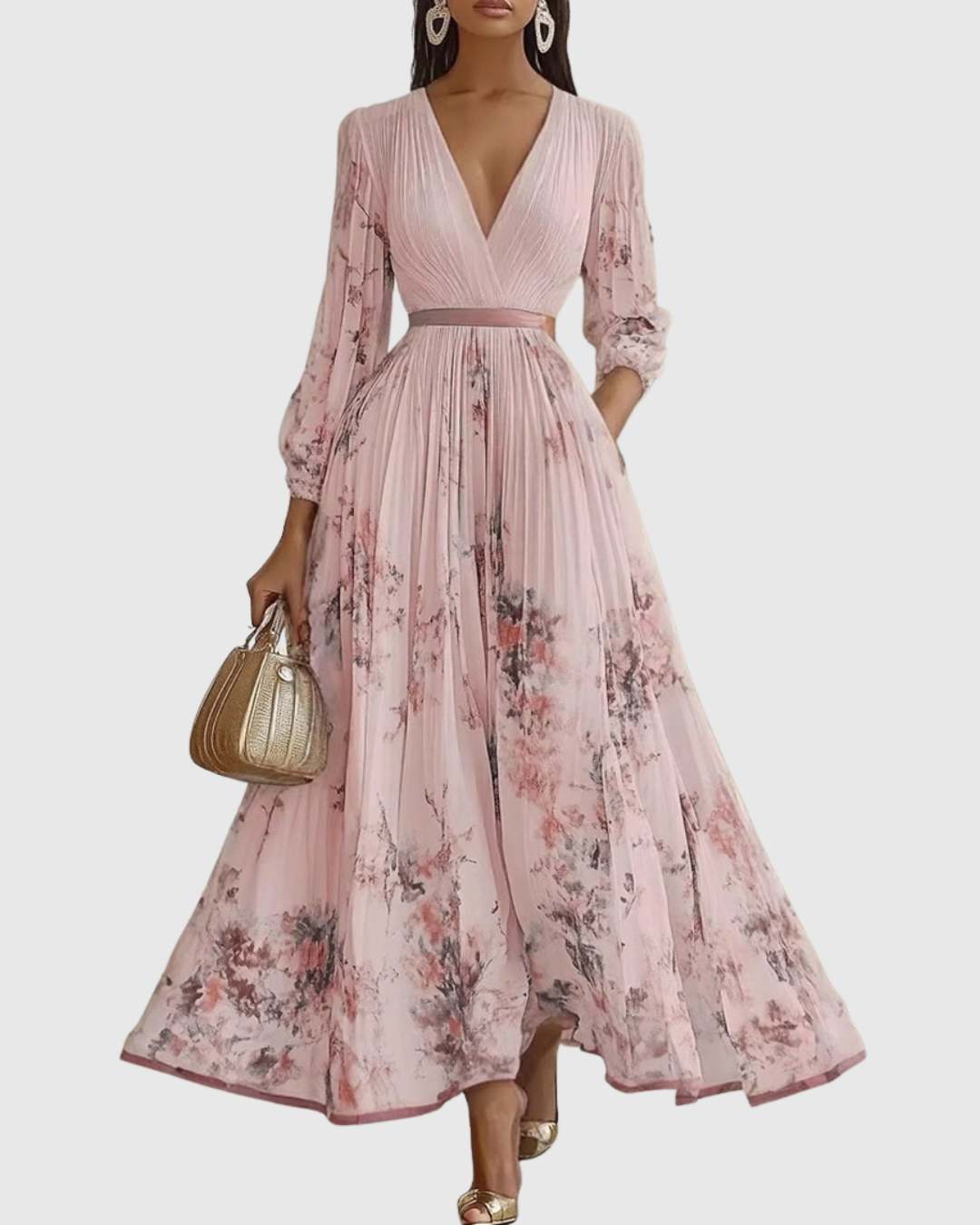 Rowella | Women's V-Neck Long-Sleeve Pleated Floral Maxi Dress with Ribbon Tie Waist
