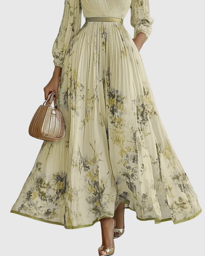 Rowella | Women's V-Neck Long-Sleeve Pleated Floral Maxi Dress with Ribbon Tie Waist