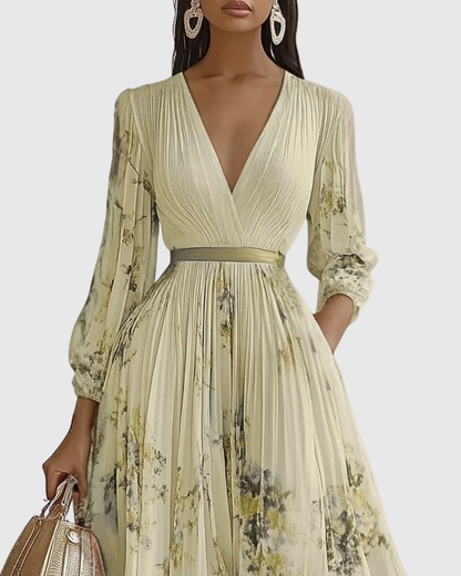 Rowella | Women's V-Neck Long-Sleeve Pleated Floral Maxi Dress with Ribbon Tie Waist