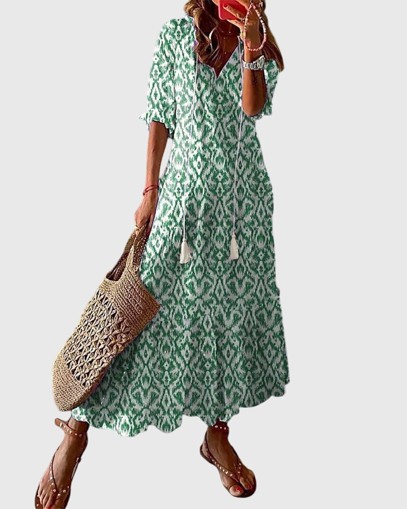 Amalia | Women's Lightweight V-Neck Boho Dress with Vintage Print