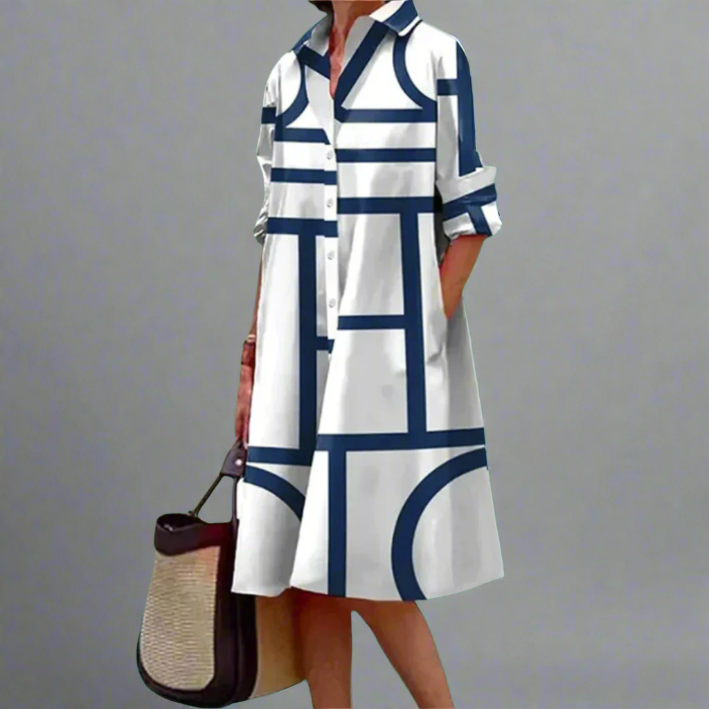 Cosima – Stylish Blue Geometric Stripe Mid-Length Dress