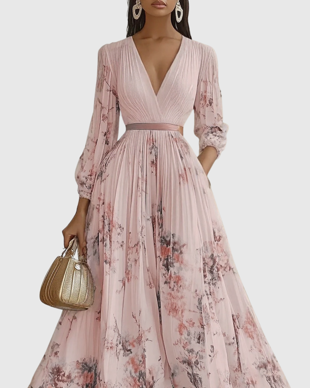 Rowella | Women's V-Neck Long-Sleeve Pleated Floral Maxi Dress with Ribbon Tie Waist