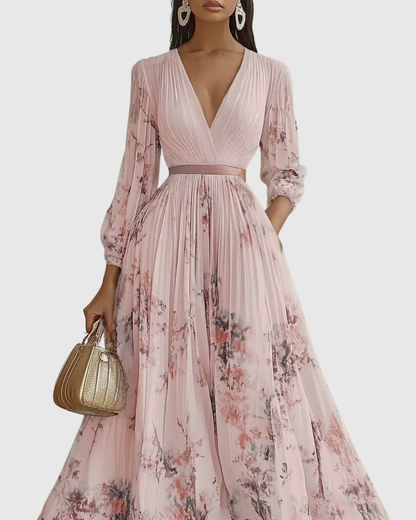 Rowella | Women's V-Neck Long-Sleeve Pleated Floral Maxi Dress with Ribbon Tie Waist