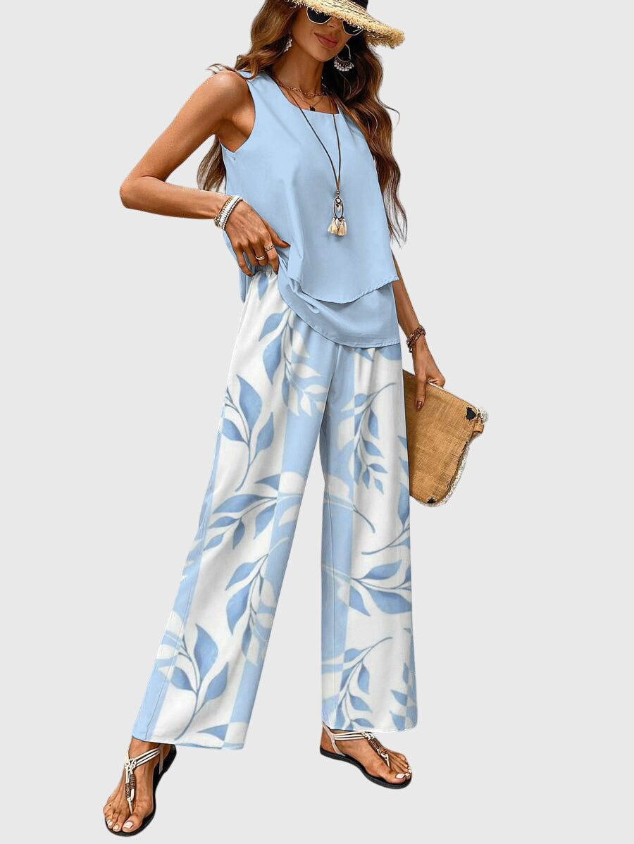 Brenda | Women's Square-Neck Loose-Fit 2-Piece Set with Blue Plant Print