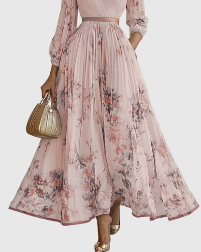 Rowella | Women's V-Neck Long-Sleeve Pleated Floral Maxi Dress with Ribbon Tie Waist