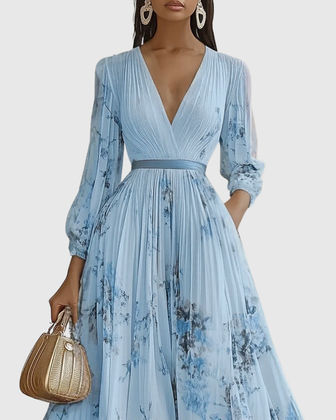 Rowella | Women's V-Neck Long-Sleeve Pleated Floral Maxi Dress with Ribbon Tie Waist