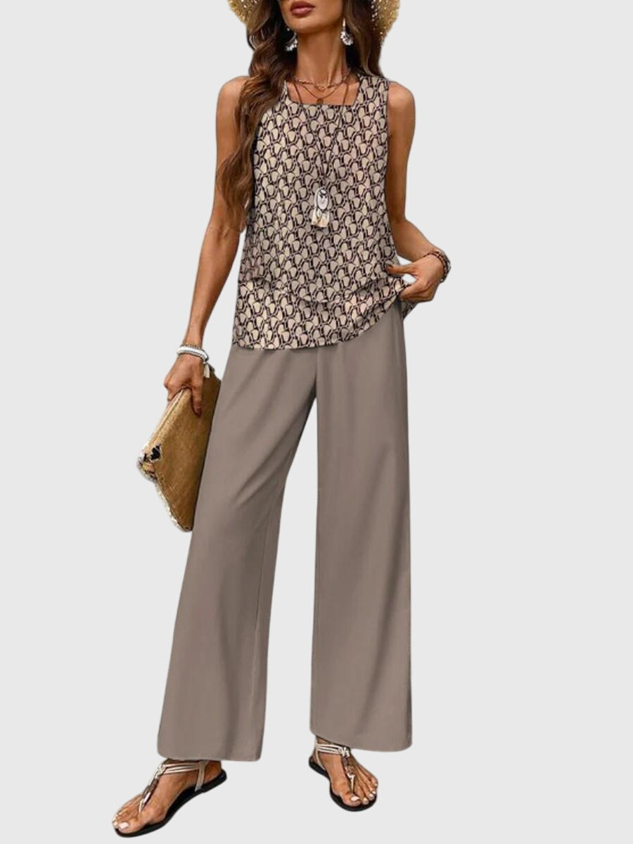 Brenda | Women's Square-Neck Loose-Fit 2-Piece Set with Blue Plant Print