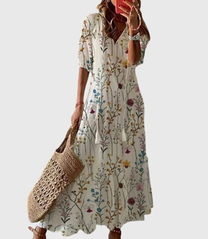 Amalia | Women's Lightweight V-Neck Boho Dress with Vintage Print