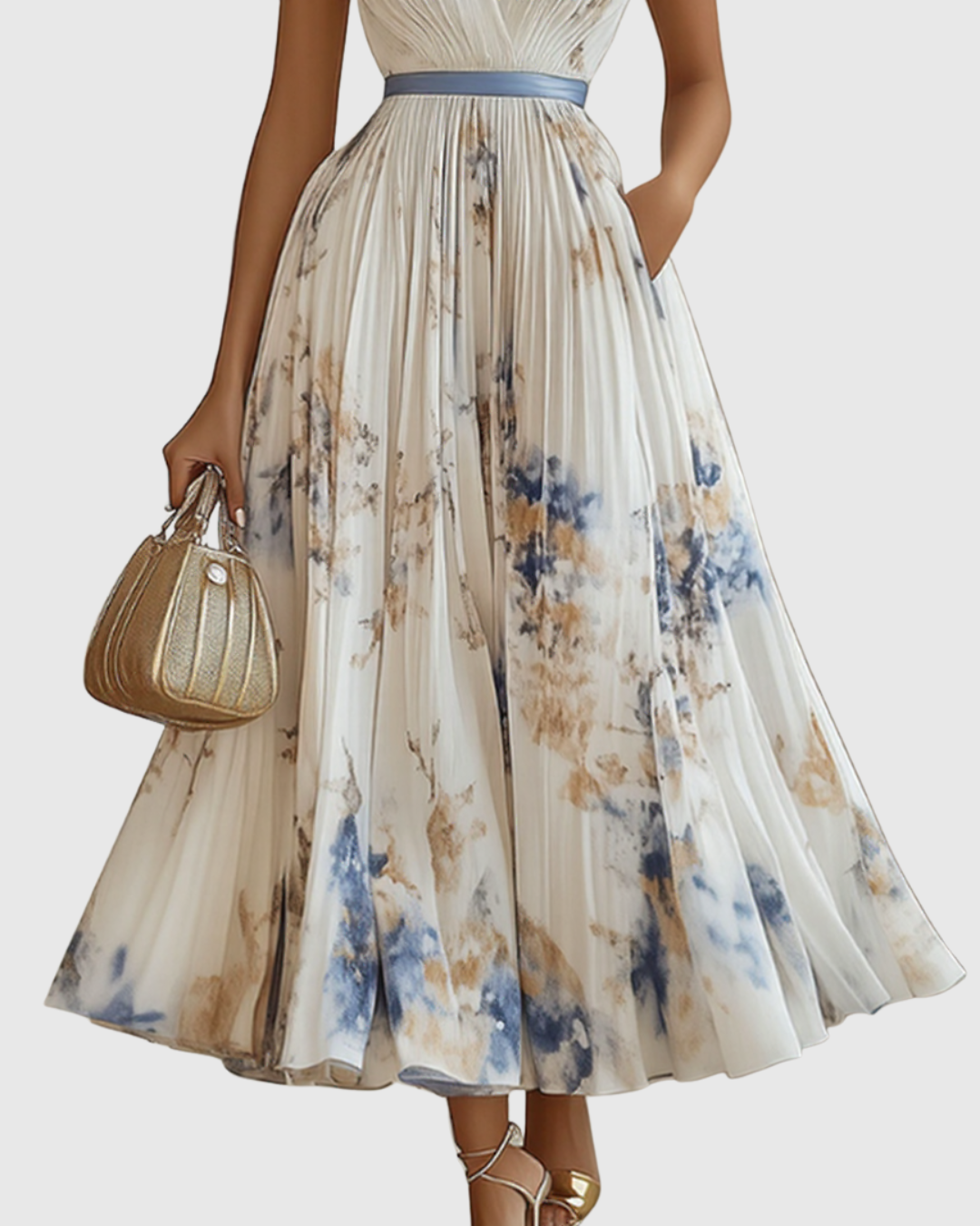 Rowella | Women's V-Neck Long-Sleeve Pleated Floral Maxi Dress with Ribbon Tie Waist