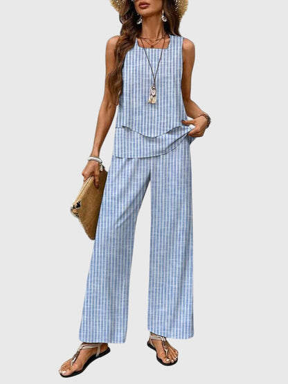 Brenda | Women's Square-Neck Loose-Fit 2-Piece Set with Blue Plant Print