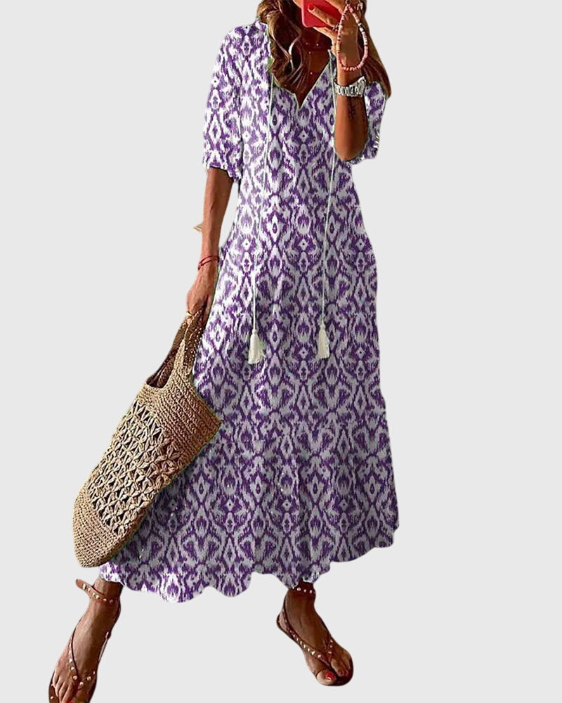 Amalia | Women's Lightweight V-Neck Boho Dress with Vintage Print