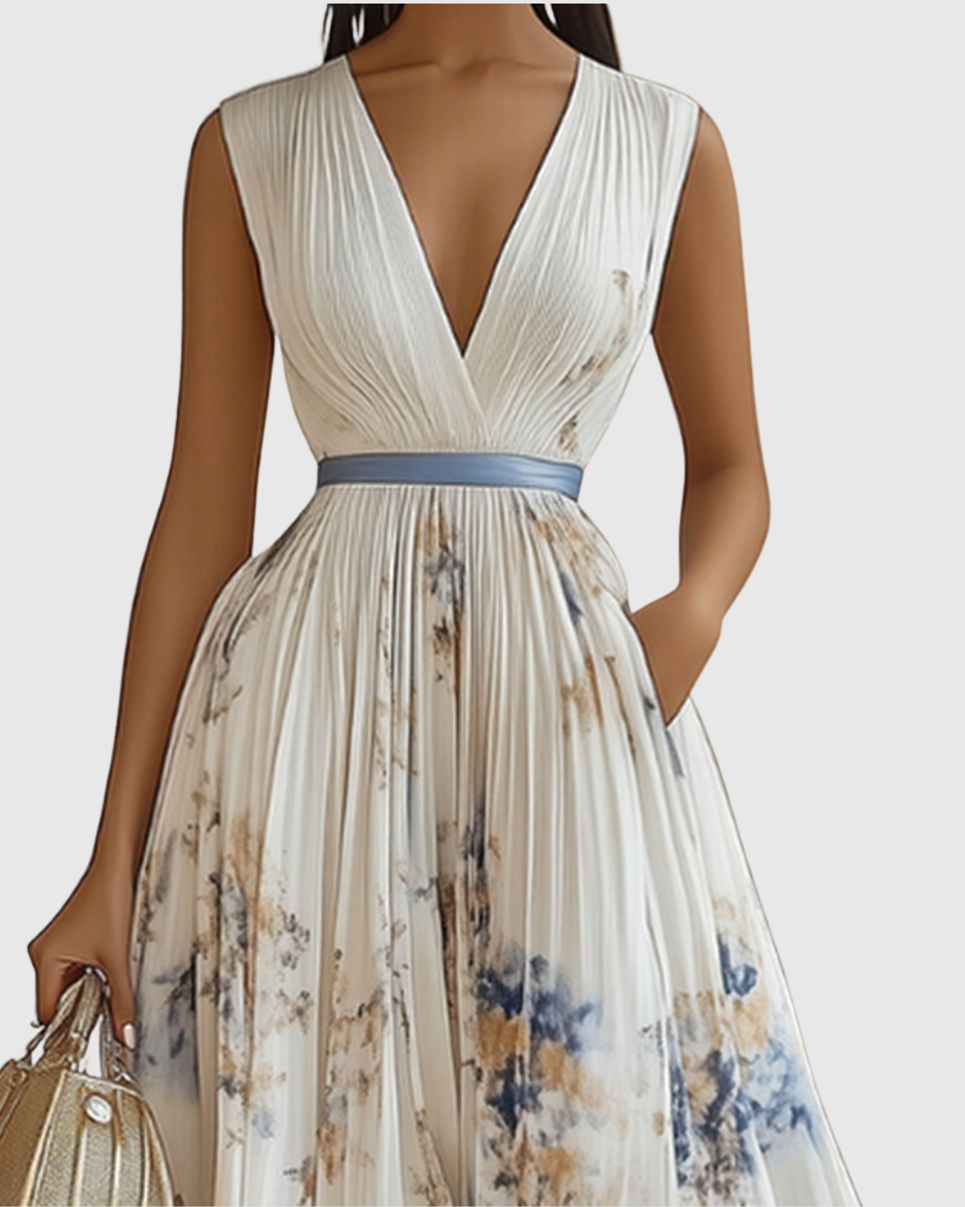 Rowella | Women's V-Neck Long-Sleeve Pleated Floral Maxi Dress with Ribbon Tie Waist