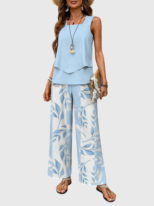 Brenda | Women's Square-Neck Loose-Fit 2-Piece Set with Blue Plant Print