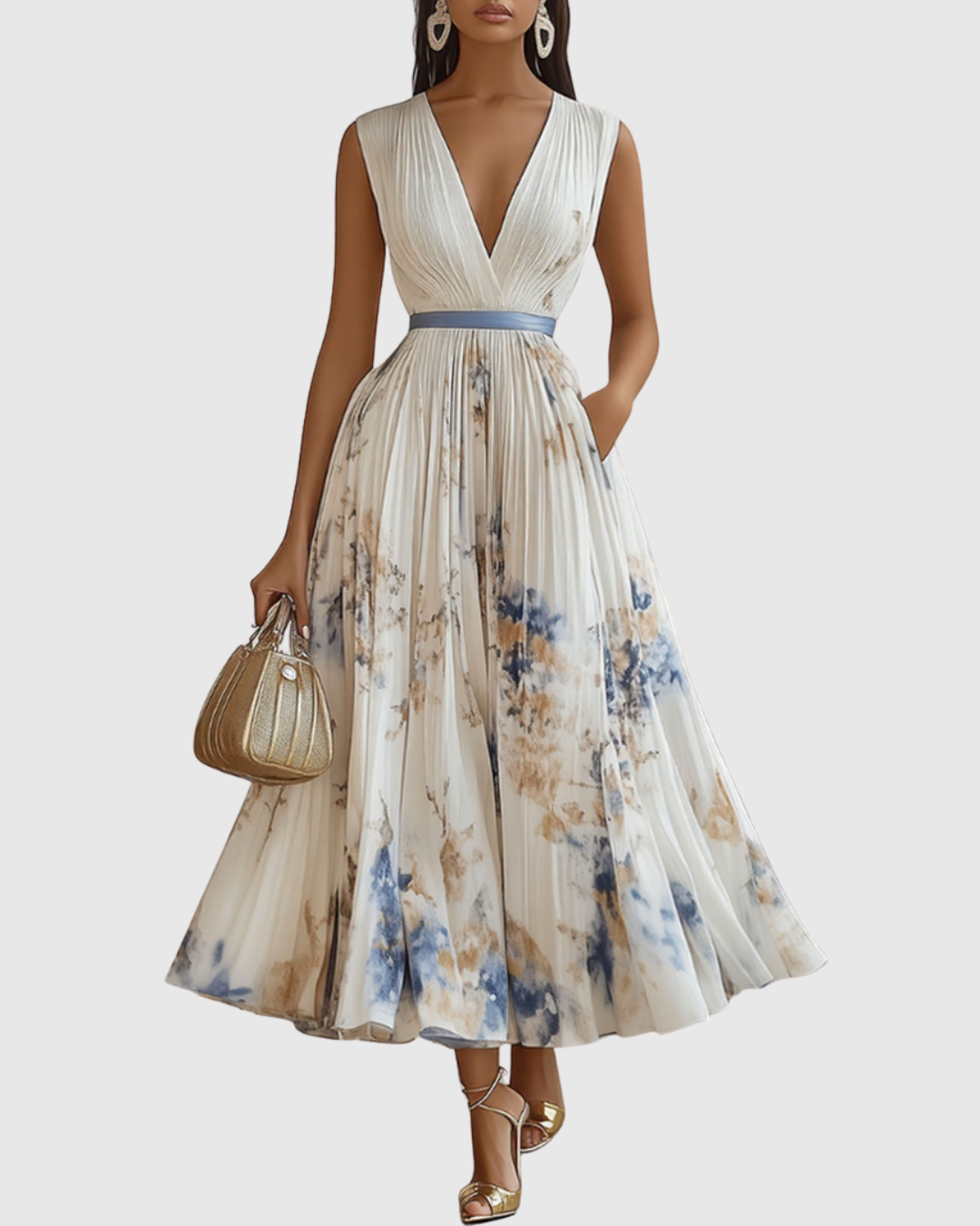 Rowella | Women's V-Neck Long-Sleeve Pleated Floral Maxi Dress with Ribbon Tie Waist