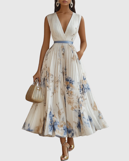 Rowella | Women's V-Neck Long-Sleeve Pleated Floral Maxi Dress with Ribbon Tie Waist