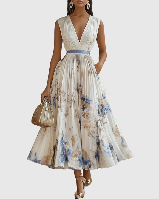 Rowella | Women's V-Neck Long-Sleeve Pleated Floral Maxi Dress with Ribbon Tie Waist