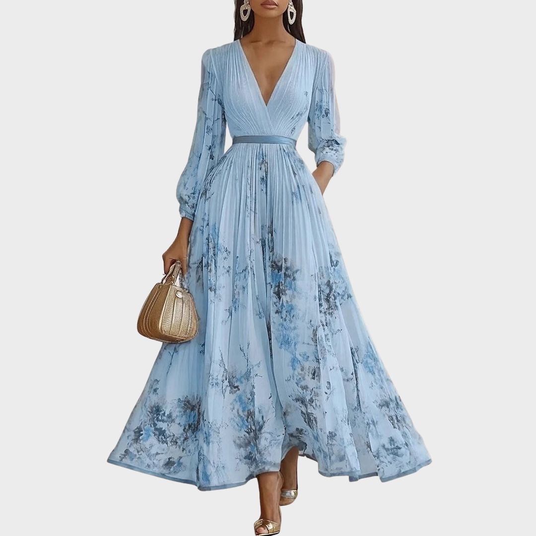Rowella | Women's V-Neck Long-Sleeve Pleated Floral Maxi Dress with Ribbon Tie Waist