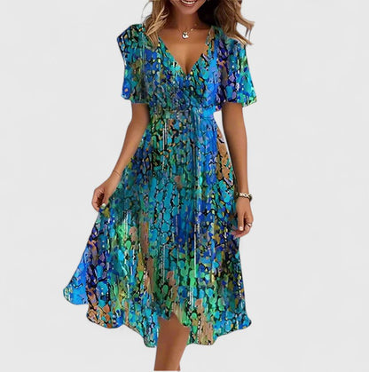 Madison | Women's V-Neck Floral Short Dress with Flutter Sleeves and High-Low Hem