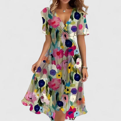 Madison | Women's V-Neck Floral Short Dress with Flutter Sleeves and High-Low Hem