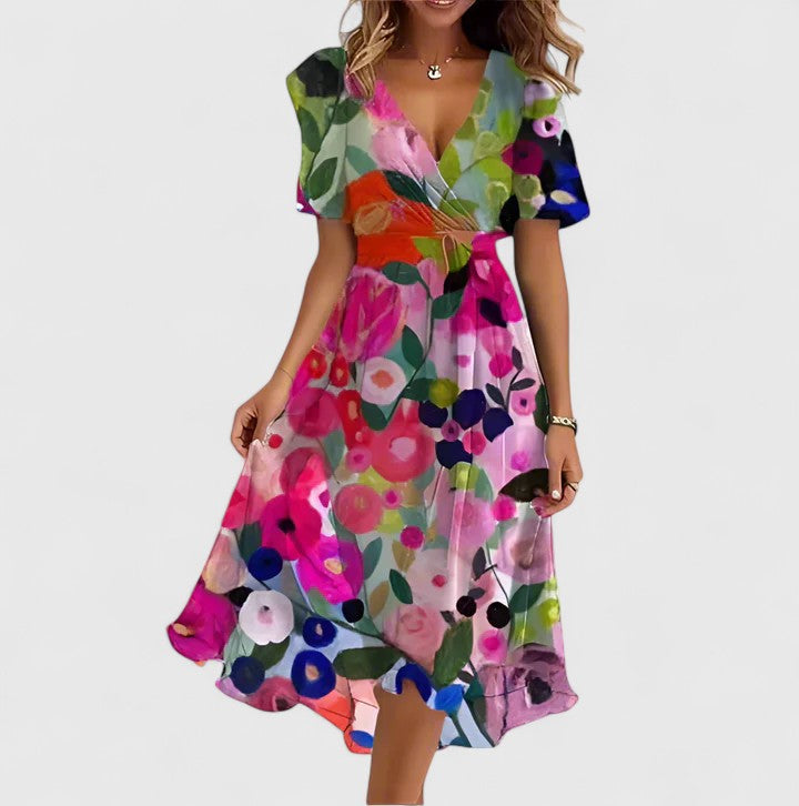Madison | Women's V-Neck Floral Short Dress with Flutter Sleeves and High-Low Hem