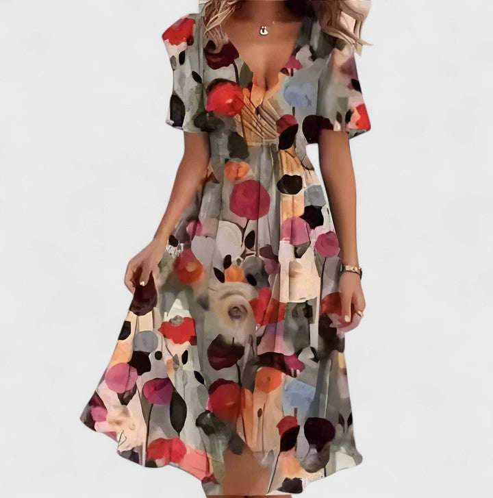 Madison | Women's V-Neck Floral Short Dress with Flutter Sleeves and High-Low Hem