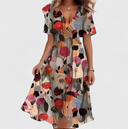 Madison | Women's V-Neck Floral Short Dress with Flutter Sleeves and High-Low Hem