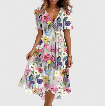 Madison | Women's V-Neck Floral Short Dress with Flutter Sleeves and High-Low Hem
