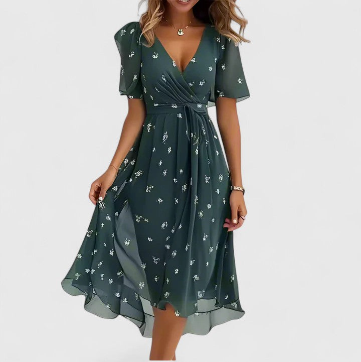 Madison | Women's V-Neck Floral Short Dress with Flutter Sleeves and High-Low Hem