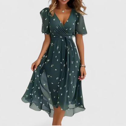 Madison | Women's V-Neck Floral Short Dress with Flutter Sleeves and High-Low Hem