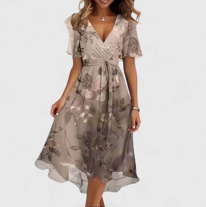 Madison | Women's V-Neck Floral Short Dress with Flutter Sleeves and High-Low Hem