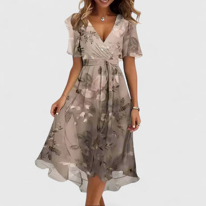 Madison | Women's V-Neck Floral Short Dress with Flutter Sleeves and High-Low Hem