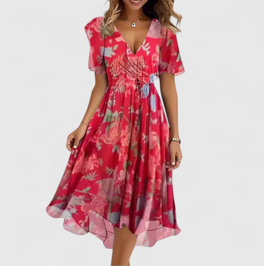 Madison | Women's V-Neck Floral Short Dress with Flutter Sleeves and High-Low Hem