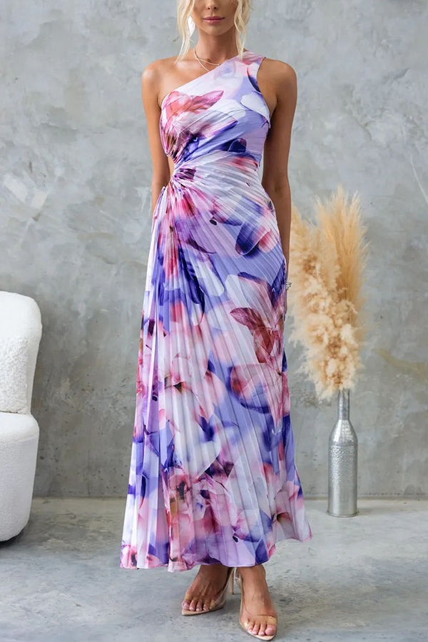 Deja – Floral One-Shoulder Pleated Maxi Dress