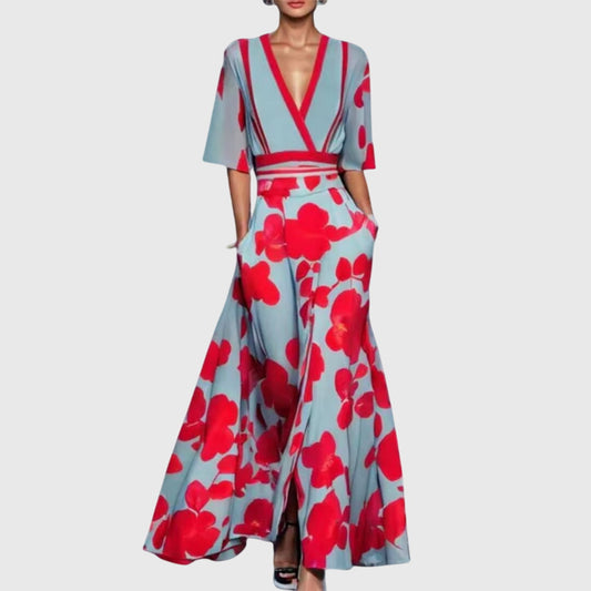 Candice | Women's Elegant Floral Dress with Waist Belt and Flared Skirt