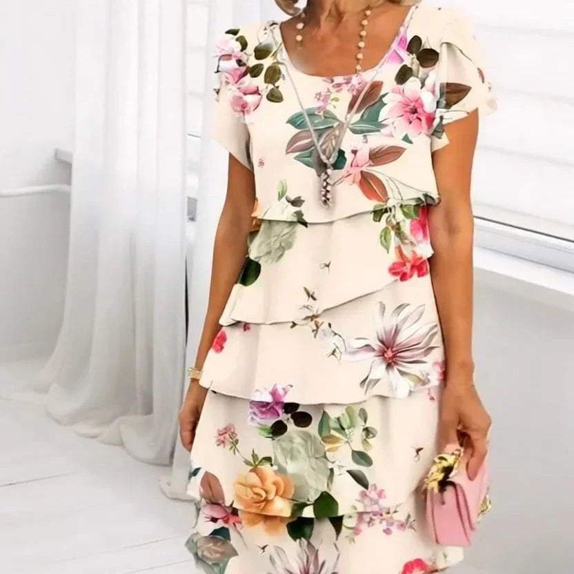 Elif™ | Elegant Pleated Floral Ruffle Dress